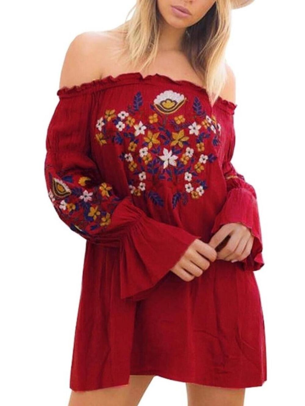 R.Vivimos Floral Embroidered Off  Shoulder Long Sleeved Boho Dress Medium 8/10